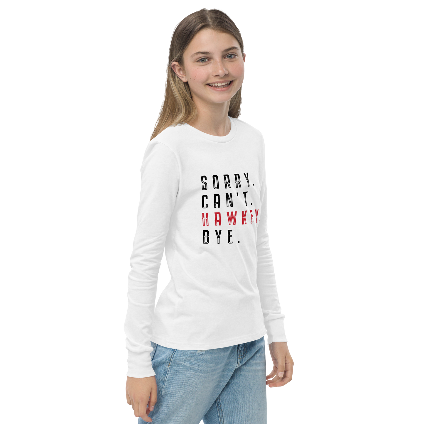 Sorry. Can't. Hawkey. Bye. Youth Long Sleeve Tee