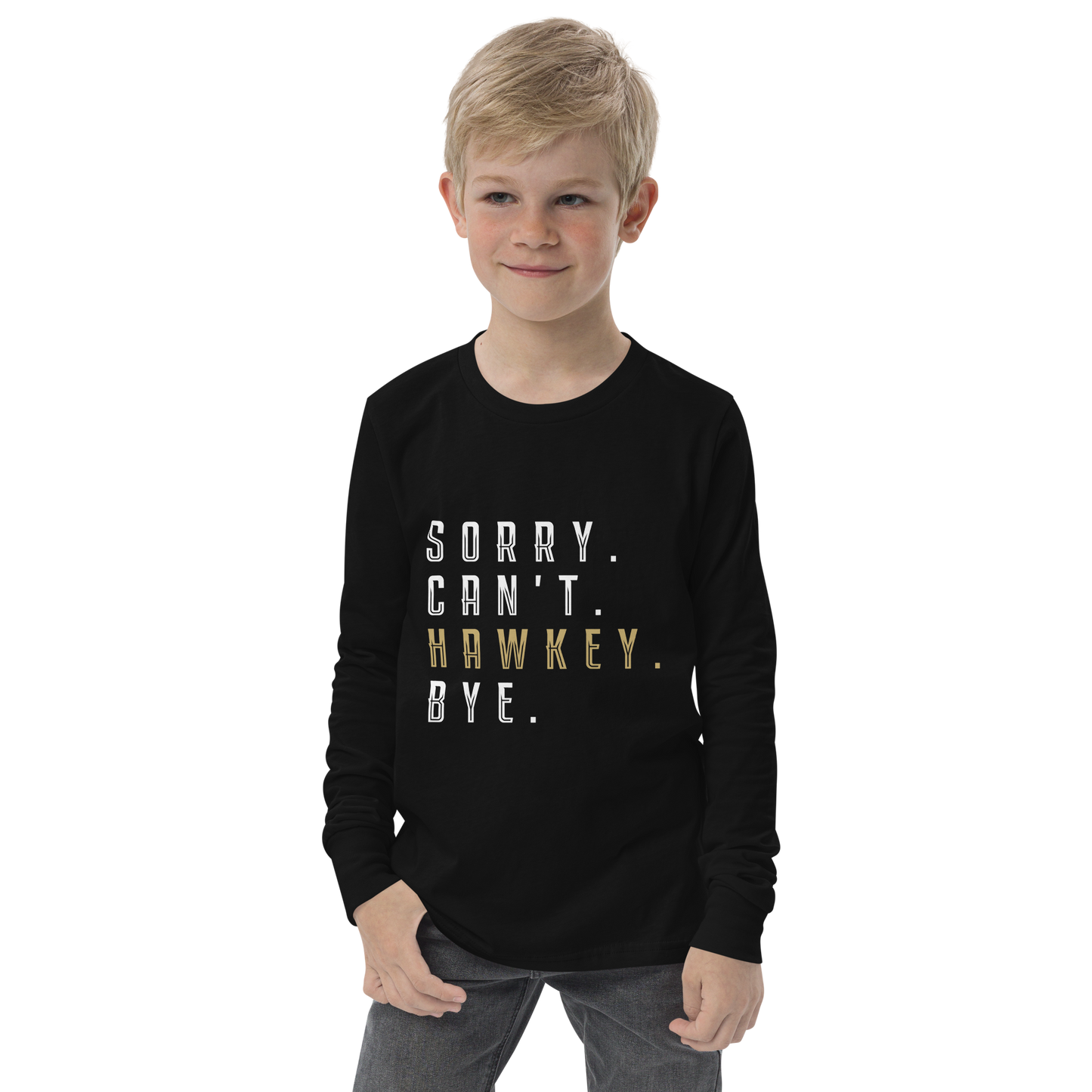 Sorry. Can't. Hawkey. Bye. Youth Long Sleeve Tee